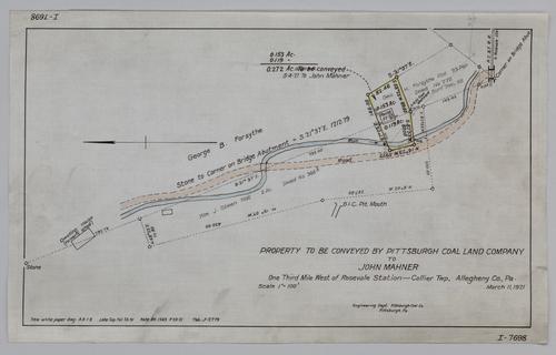 Plan showing property to be conveyed by Pittsburgh Coal Land Co. to John Mahner one third mile west of Rosevale Station