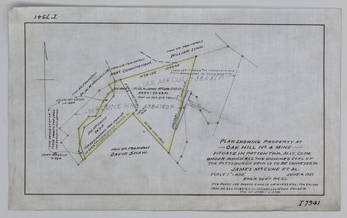 Plan showing property at Oak Hill No. 4 Mine under which all the unmined coal of the Pittsburgh vein is to be conveyed to James McCune, et al.