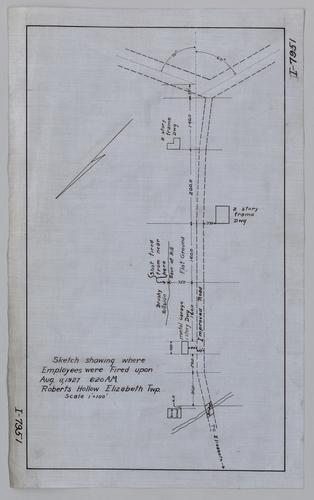 Sketch showing where employees were fired upon on August 11, 1927 at 6:20 AM at Roberts Hollow