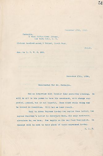 Frick writes an address to Carnegie