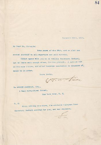 Frick writes that he is glad Carnegie did not talk to reporters and disagrees with him on writing Secretary [of the Navy Hilary Abner] Herbert