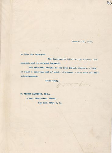 Frick states that he enclosed the secretary's letter and a copy of Captain Sampson's letter
