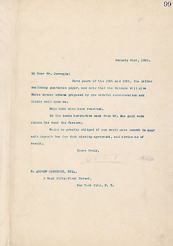 Frick writes that Carnegie's letters have been received, and asks Carnegie to search for the missing agreement