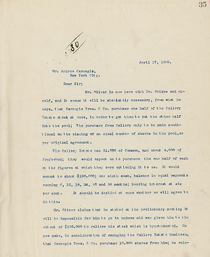 Frick writes that it seems necessary for Carnegie Bros. & Co. to purchase half of the Callery Estate at once