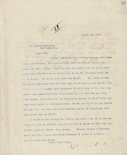 Frick writes on arranging the purchase of 100,000 tons of Norrie Ore at $4.25