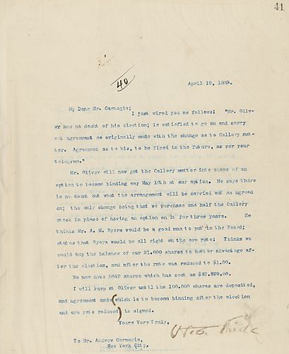 Frick includes a previous telegram message in his letter, and writes on the progress of the Callery stock purchase