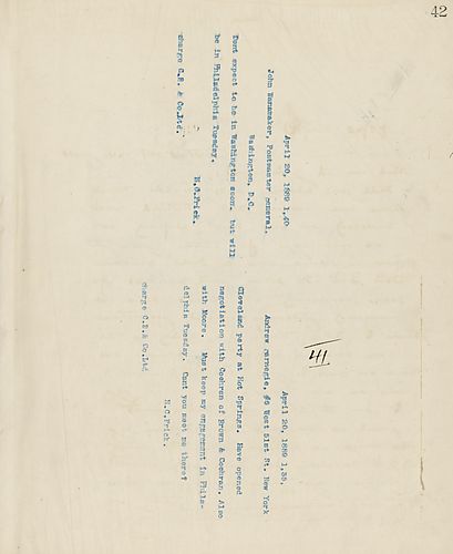 Frick wires Carnegie on the Cleveland party being in Hot Springs, opening negotiations with Cochran of Brown & Cochran, and asking Carnegie to meet him in Philadelphia on Tuesday