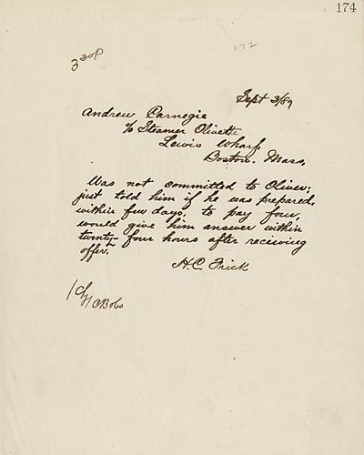 Frick wires Carnegie telling him that he isn't committed to George Oliver