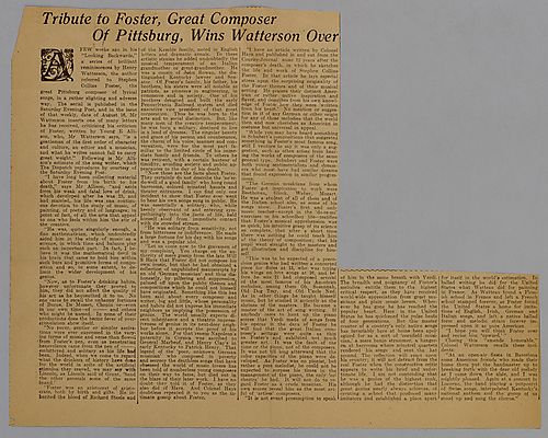 "Tribute to Foster, Great Composer of Pittsburg, Wins Watterson Over"