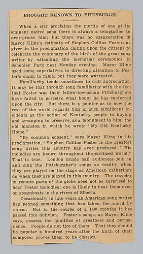 "Brought Renown to Pittsburgh"