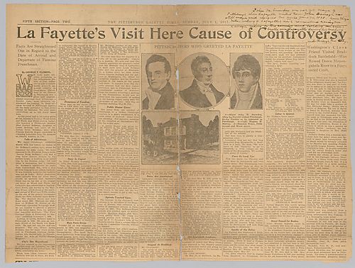 "La Fayette's visit Here Cause of Controversy," The Pittsburgh Gazette