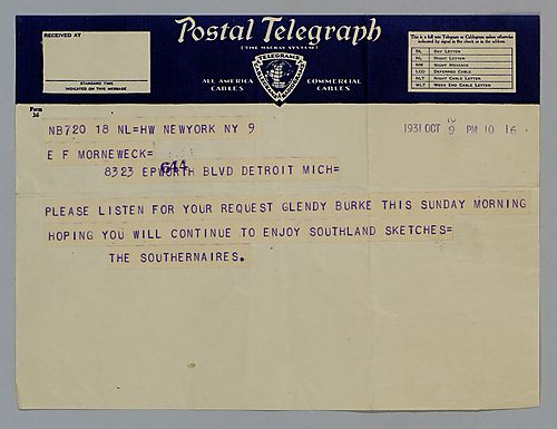 Telegram from The Southernaires to Evelyn Foster Morneweck