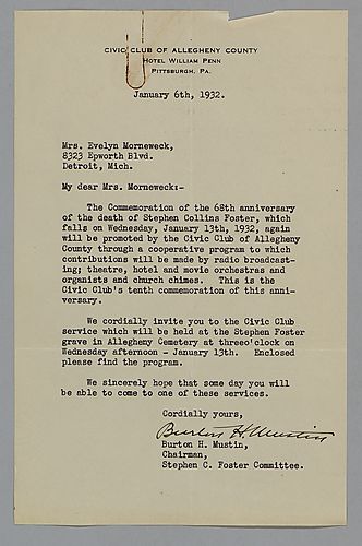 Invitation from the Civil Club of Allegheny county to Evelyn Morneweck for the 68th anniversary commemoration events for the death of Stephen Foster