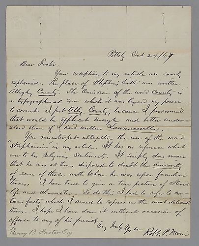 From Robert P. Nevin to Henry B. Foster, Esq.