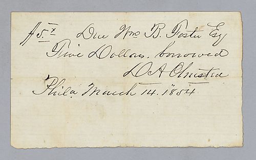 IOU from D.A. [?] to William B. Foster for $5.00