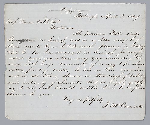 From P. McCormick to Mssr. Warner & Philpot