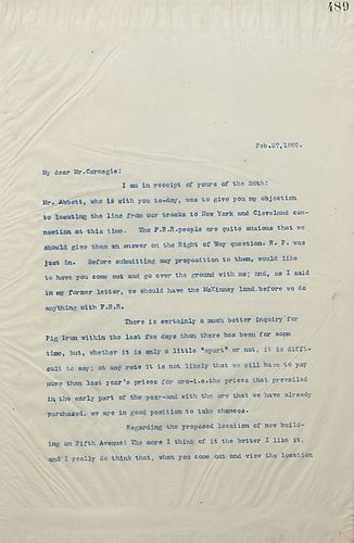 Frick updates Carnegie on a P. R. R. (Pennsylvania Railroad) question, notes that there has been a 'spurt' of higher requests for pig iron, and asks for him to give his opinion on a prospective location for a new building in downtown Pittsburgh