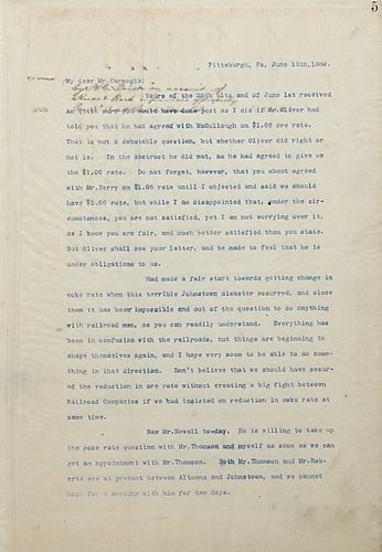 Frick writes on the discrepancy in ore rates, the demand for rails, the closing on Pittsburgh & Western agreements, Mr. Moore's forced resignation, and the conditions at Allegheny Bessemer