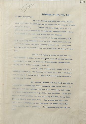 Frick writes Carnegie to mention the progress on a furnace, update him on the status of the competitors, and to express enjoyment at learning the steel trade, which he feels can be produced more efficiently