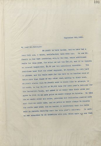 Frick writes Carnegie about a conversation he had with Mr. Newell regarding the cost of rails for next year. Mr. Newell stated that Carnegie told him rails had been ordered for next year and Frick feels he was misquoted seeing as the information Mr. Newel