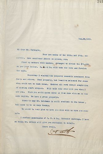 Frick writes Carnegie to tell him they have divided up the money relating to Lauder as Carnegie recommended and informs Carnegie that they have purchased good property, but the proposed location for the ovens is bad
