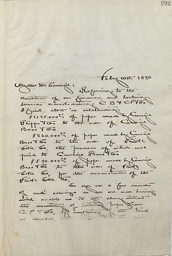 Frick writes Carnegie to update him on the financial situation of the Frick Coke Company, the Carnegie Phipps & Company, and the Carnegie Brothers & Company