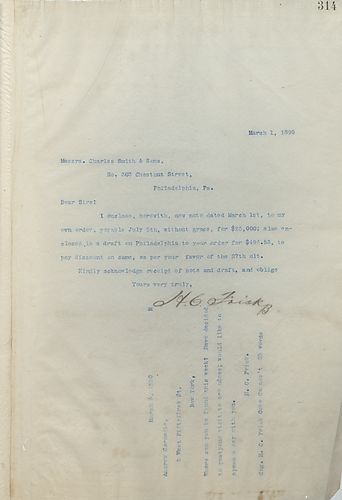 Frick encloses a note for his own order