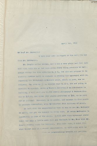 Frick writes Carnegie about a business deal that depends on the placement of the B & O railroad, he also encloses a short update about the business
