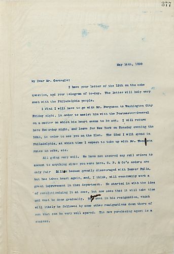 Frick writes Carnegie to inform him of a resignation and business affairs