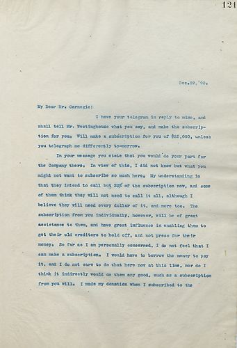 Frick writes that he'll make a subscription for Carnegie; however, Frick will not be making his own subscription