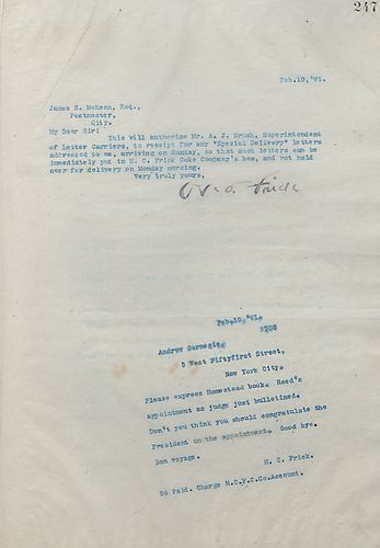 Frick wires Carnegie that [James] Reed was appointed as a judge, and that Carnegie should congratulate the President on the appointment. Frick would also like for Carnegie to express the Homestead book