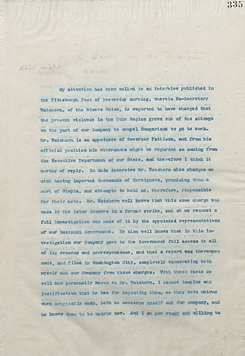 Frick refutes Mr. Watchorn's [Ex-Secretary of the Miners Union] interview in the Pittsburgh Post