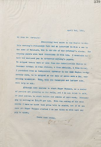 Frick writes on Mr. Watchorn's [Ex-Secretary of the Miners Union] interview in the Pittsburgh Post and his request to inclose his statement in tomorrow's paper