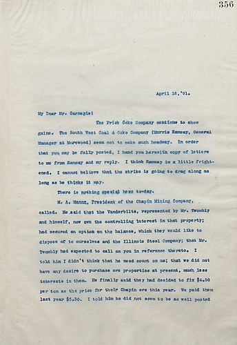 Frick writes that the Frick Coke Co. continued to make gains, and includes his conversation with M. A. Hanna [President of the Chapin Mining Company]