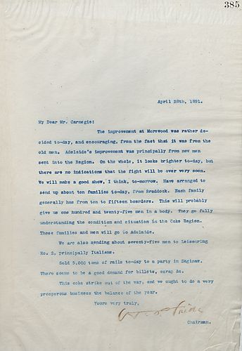 Frick writes Carnegie to inform him that he has sent a group of men up to Adelaide who understand the circumstance and forsees the possibility of a profitable year if the coke strike is put down