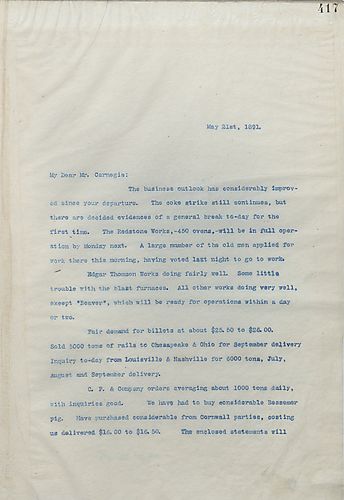Frick writes Carnegie to tell him that significant improvements have occurred since he left including the impending end of the strike and a boom in business
