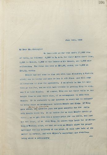 Frick writes Carnegie about the status of the mills and the progress of the gas line, noting that he does not think he will be able to go abroad this year