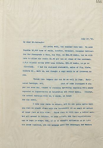 Frick writes on rail orders and Frick Coke Co.'s June results. Also, Frick advises against making a contract with the government on a small armor order
