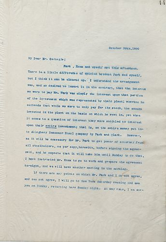 Frick writes on his meeting with Park and [Philander] Knox about their differences on an agreement