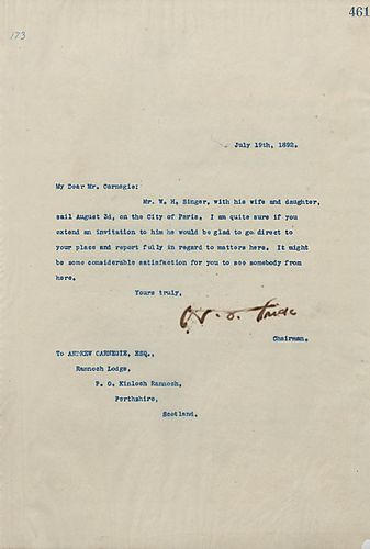 Frick writes Carnegie that Mr. Singer and his family are sailing on the City of Paris and, if an invitation is extended, they would be happy to go to Carnegie's place