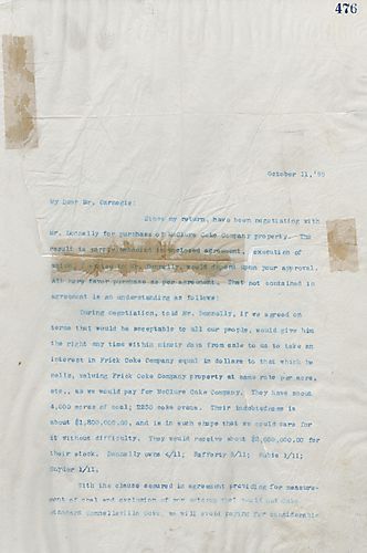 Frick writes Carnegie to discuss the buying of the McClure Coke Company with the possibility of Mr. Donnelly gaining stock in the Frick Coke Company at the same price and up to the same amount as that which he may sell