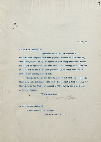 Carnegie writes on the finalized agreement of the McClure Coke Company purchase. Frick hopes the deal will be kept quiet until the matters that are pending are closed