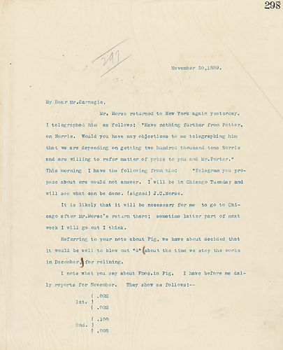 Frick asks for Carnegie's approval to telegram Mr. Morse about purchasing Norrie ore, writes about his upcoming trip to Chicago, and responds to Carnegie's note about "Pig."