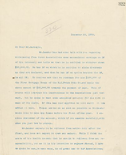 Frick writes to Carnegie on Mr. Lauder wanting to withdraw some of his interest