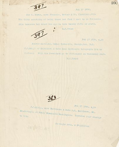 Frick relays a message from J.T. Odall of Baltimore & Ohio Road Baltimore to Carnegie that asks if the President will go to Pittsburgh next Wednesday