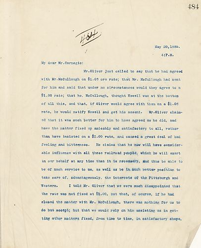 Frick writes that Mr. Oliver settled with Mr. McCullough to setting ore rates at $1.05, and Frick was disappointed that he couldn't drop the rate to $1.00