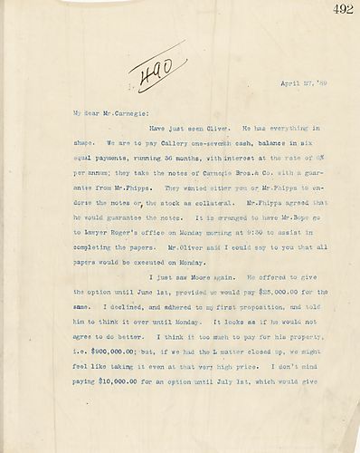 Frick writes on Mr. Oliver closing the Callery & Downing Estate and mentions Mr. Moore selling his option