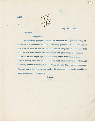 Frick writes that he will postpone the execution contract until Carnegie returns