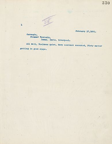 Frick wires Carnegie on current business, a naval contract, and the piety matter