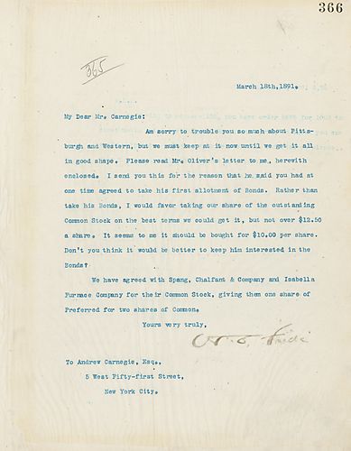 Frick writes to Carnegie on Pittsburgh & Western and the common stock